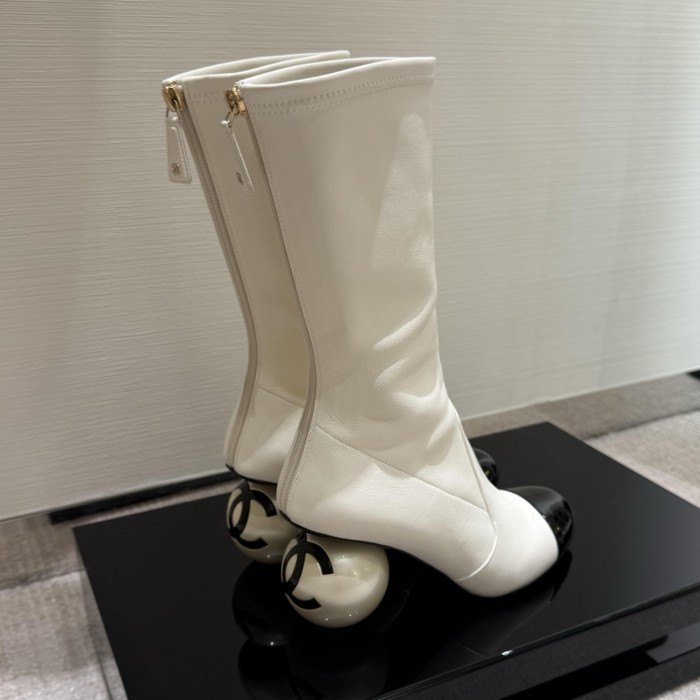 NIGO Chanel Women's Fall/Winter Fashion Classic Color Block Leather Round Toe Slip On Zipper Pearl Heel High Boots Pearl Boots Shoes #nigo330870