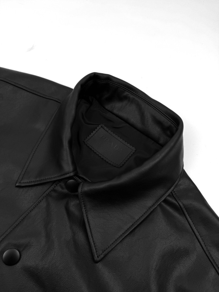 NIGO Prada Men's Fall/Winter Fashion Casual Solid Color Lapel Single Breasted Leather Jacket With Logo Triangle Emblem Jacket #nigo79343