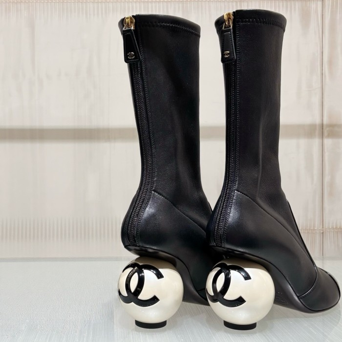 NIGO Chanel Women's Fall/Winter Fashion Classic Color Block Leather Round Toe Slip On Zipper Pearl Heel High Boots Pearl Boots Shoes #nigo330870