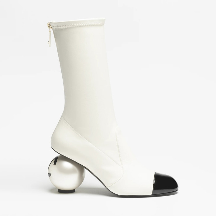 NIGO Chanel Women's Fall/Winter Fashion Classic Color Block Leather Round Toe Slip On Zipper Pearl Heel High Boots Pearl Boots Shoes #nigo330870