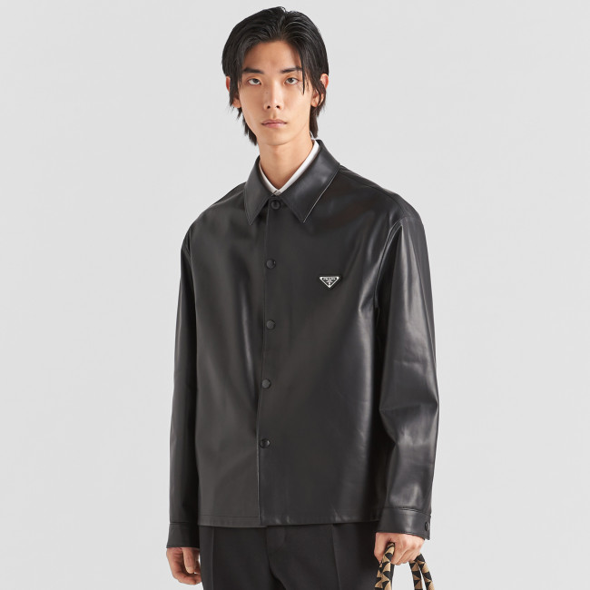 NIGO Prada Men's Fall/Winter Fashion Casual Solid Color Lapel Single Breasted Leather Jacket With Logo Triangle Emblem Jacket #nigo79343