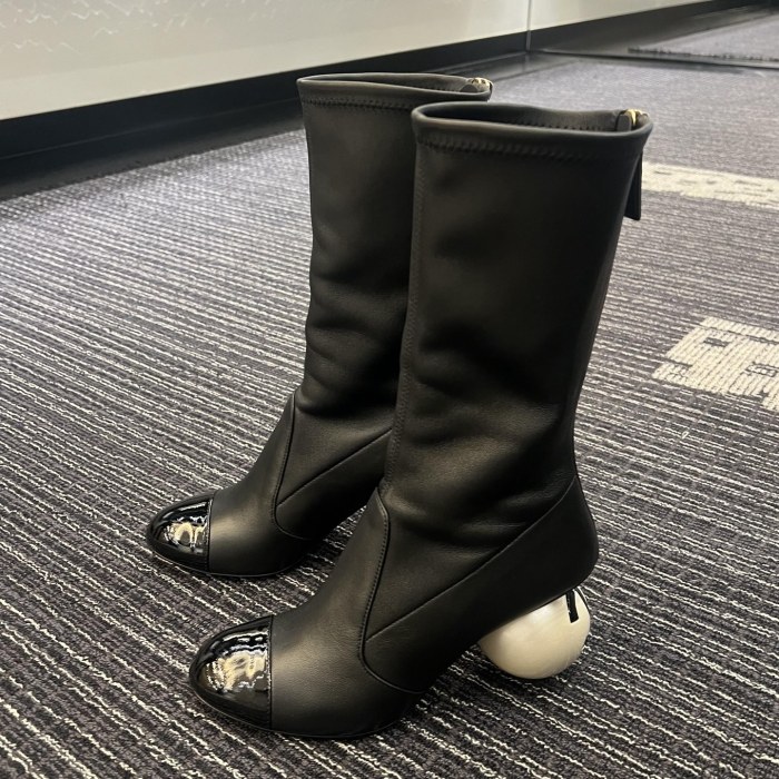 NIGO Chanel Women's Fall/Winter Fashion Classic Color Block Leather Round Toe Slip On Zipper Pearl Heel High Boots Pearl Boots Shoes #nigo330870