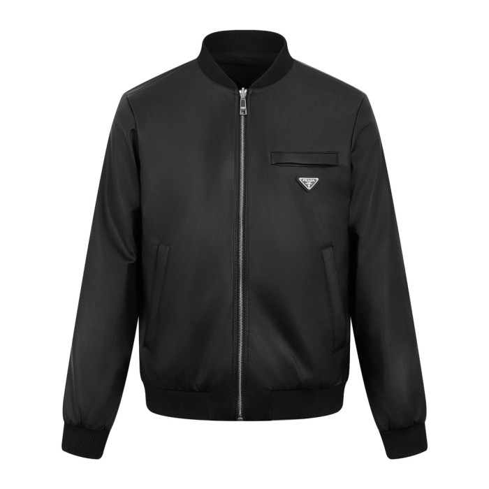 NIGO Prada Men's Fall/Winter Fashion Classic Solid Color Leather Crew Neck Zip Up Reversible Leather Plain Weave Jacket #nigo79345