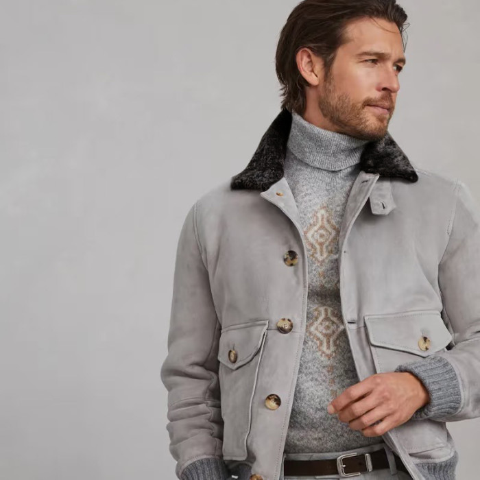 NIGO Brunello Cucinelli Men's Fall/Winter Vintage Jacket Solid Color Single-Breasted Fur Collar Suede Slim Fit Coat Ngvp #nigo2592
