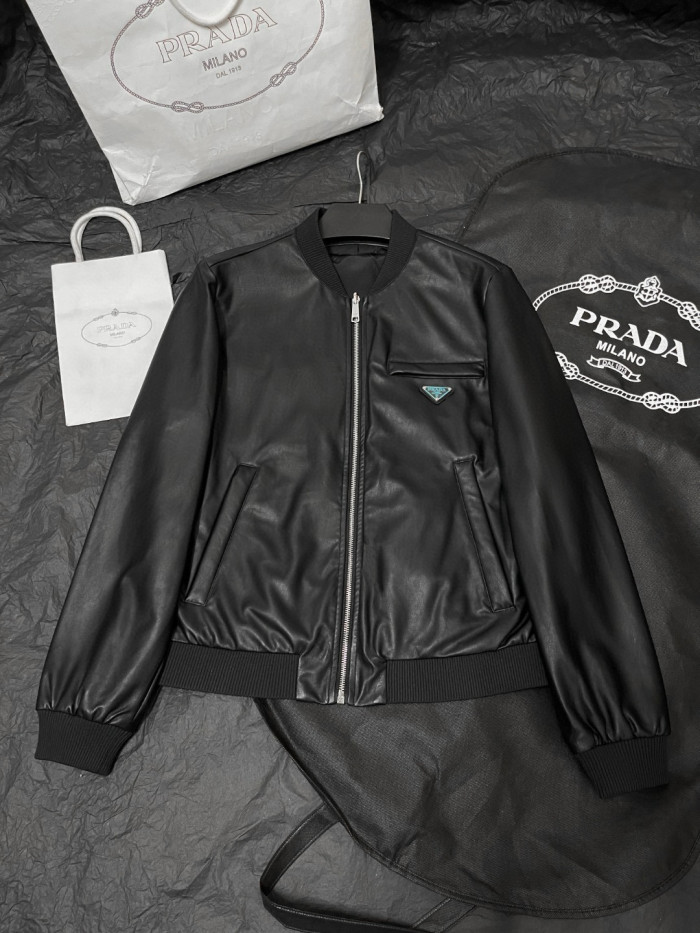 NIGO Prada Men's Fall/Winter Fashion Classic Solid Color Leather Crew Neck Zip Up Reversible Leather Plain Weave Jacket #nigo79345
