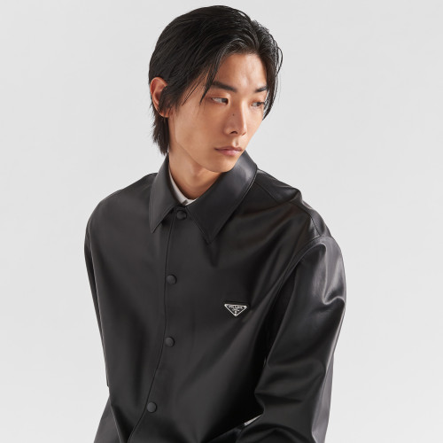 NIGO Prada Men's Fall/Winter Fashion Casual Solid Color Lapel Single Breasted Leather Jacket With Logo Triangle Emblem Jacket #nigo79343