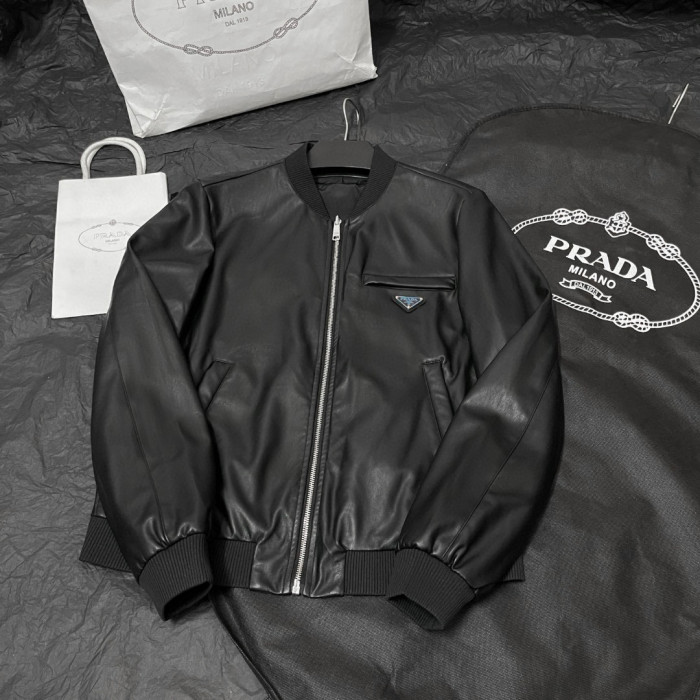 NIGO Prada Men's Fall/Winter Fashion Classic Solid Color Leather Crew Neck Zip Up Reversible Leather Plain Weave Jacket #nigo79345