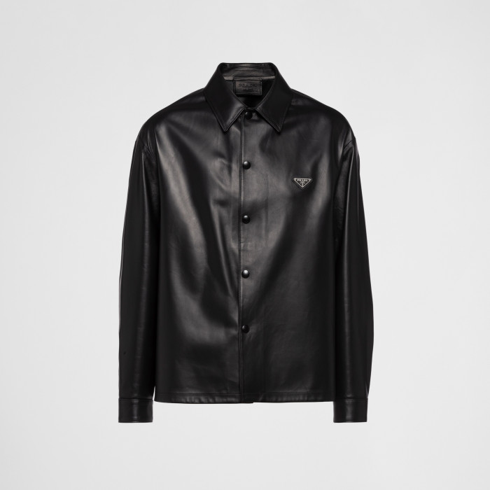 NIGO Prada Men's Fall/Winter Fashion Casual Solid Color Lapel Single Breasted Leather Jacket With Logo Triangle Emblem Jacket #nigo79343