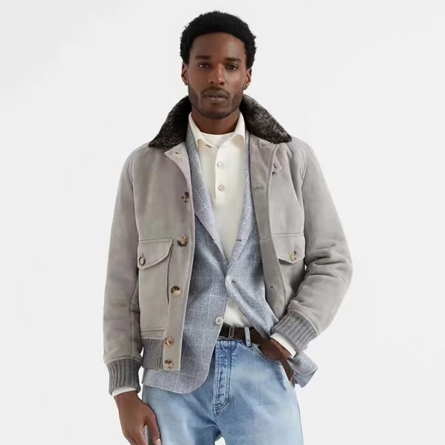 NIGO Brunello Cucinelli Men's Fall/Winter Vintage Jacket Solid Color Single-Breasted Fur Collar Suede Slim Fit Coat Ngvp #nigo2592