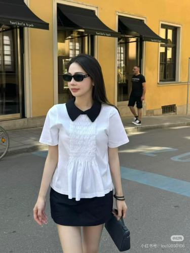 NIGO Chanel Women's Spring And Summer Pleated Short Sleeved Color Blocked Lapel Cotton Pullover T-Shirt Top Shirt Ngvp #nigo2593