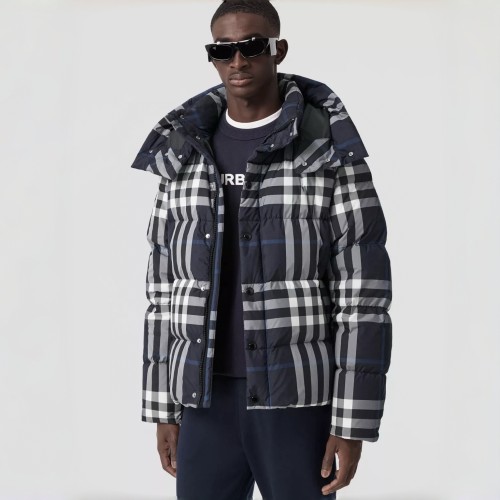 NIGO Burberry Men's Winter Fashion Casual High Tie Hood Windproof Single Breasted Detachable Hood Night Color Plaid Down Jacket #nigo79373