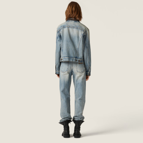 NIGO MiuMiu Women's Spring/Fall Fashion Casual Lapel Single Breasted Patchwork Leather Denim Jacket Stylish Relaxed Fit Denim Pants Suit Set #nigo79385