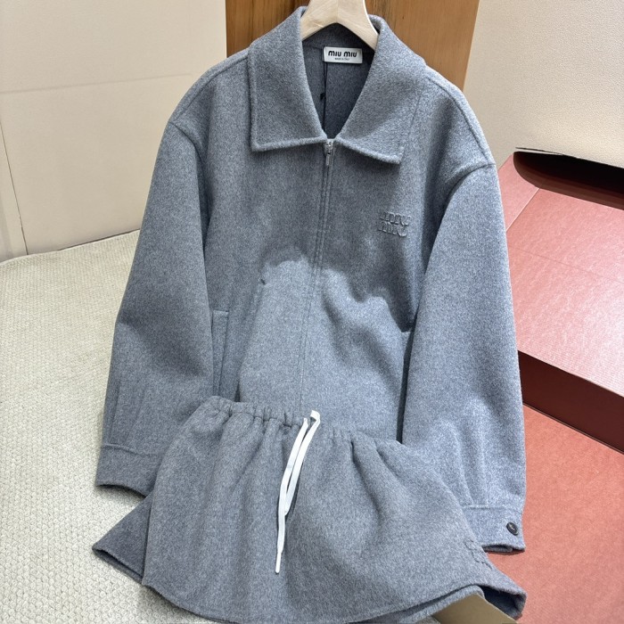 NIGO MiuMiu Women's Spring/Fall Fashion Casual Solid Color Lapel Zipper Long Sleeve Jacket Waist Elastic Drawstring Solid Color Casual Short Skirt Wool Tweed Suit Skirt Set #nigo79413