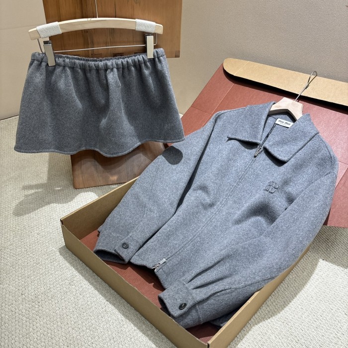 NIGO MiuMiu Women's Spring/Fall Fashion Casual Solid Color Lapel Zipper Long Sleeve Jacket Waist Elastic Drawstring Solid Color Casual Short Skirt Wool Tweed Suit Skirt Set #nigo79413