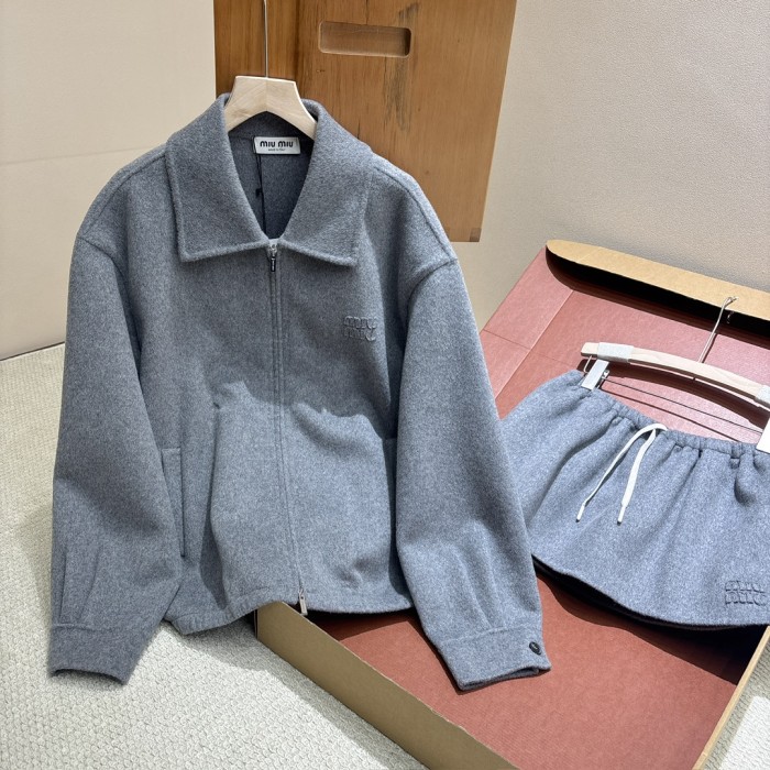 NIGO MiuMiu Women's Spring/Fall Fashion Casual Solid Color Lapel Zipper Long Sleeve Jacket Waist Elastic Drawstring Solid Color Casual Short Skirt Wool Tweed Suit Skirt Set #nigo79413
