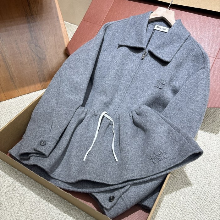 NIGO MiuMiu Women's Spring/Fall Fashion Casual Solid Color Lapel Zipper Long Sleeve Jacket Waist Elastic Drawstring Solid Color Casual Short Skirt Wool Tweed Suit Skirt Set #nigo79413