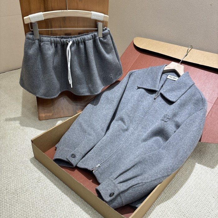 NIGO MiuMiu Women's Spring/Fall Fashion Casual Solid Color Lapel Zipper Long Sleeve Jacket Waist Elastic Drawstring Solid Color Casual Short Skirt Wool Tweed Suit Skirt Set #nigo79413