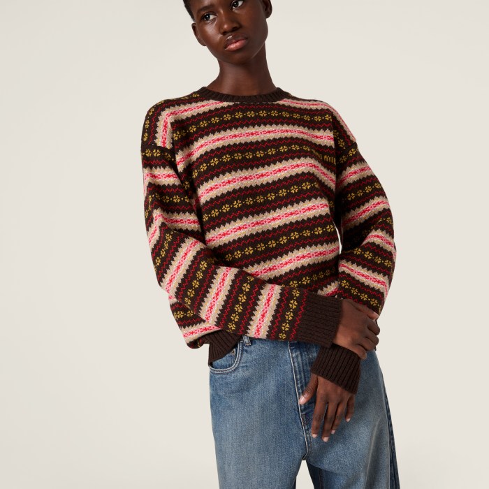 NIGO MiuMiu Women's Spring/Fall Fashion Casual Crew Neck Sweater Set with Striped Fair Isle Jacquard Wool Knit Sweater #nigo79425