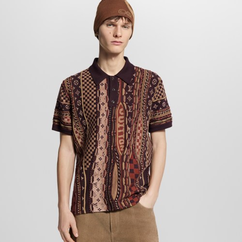 NIGO Louis Vuitton Men's Summer Logo Jacquard Knit Cotton-Blend Vintage Twist-Knit Short-Sleeve Polo T-Shirt #nigo79424