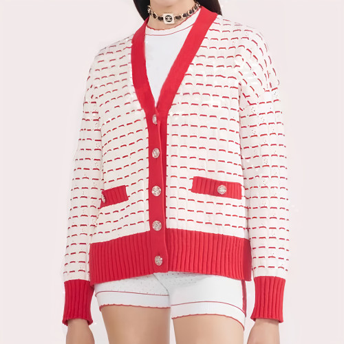 NIGO Chanel Women's Fall And Winter Red Striped V-neck Single-breasted Knitted Cardigan Elegant And Exquisite Fashion Casual Knitted Cardigan Jacket Ngvp #nigo2646