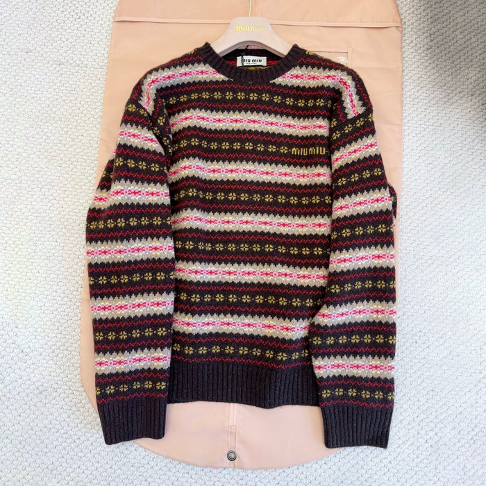 NIGO MiuMiu Women's Spring/Fall Fashion Casual Crew Neck Sweater Set with Striped Fair Isle Jacquard Wool Knit Sweater #nigo79425