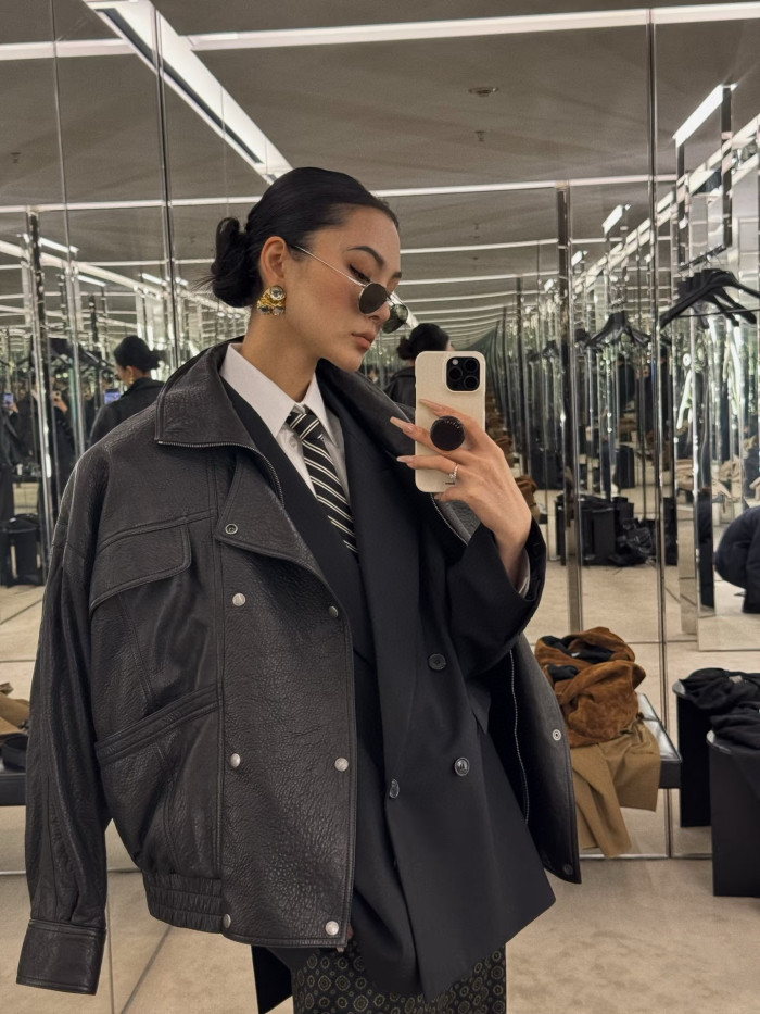 NIGO Saint Laurent Women's Bubbled Lambskin Bomber Jacket Spring/Fall Stand Collar Zipper Pilot Jacket Solid Color Motorcycle Leather Jacket Ngvp #nigo2714