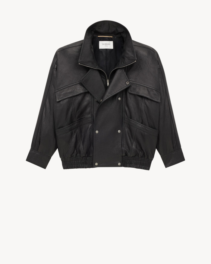 NIGO Saint Laurent Women's Bubbled Lambskin Bomber Jacket Spring/Fall Stand Collar Zipper Pilot Jacket Solid Color Motorcycle Leather Jacket Ngvp #nigo2714