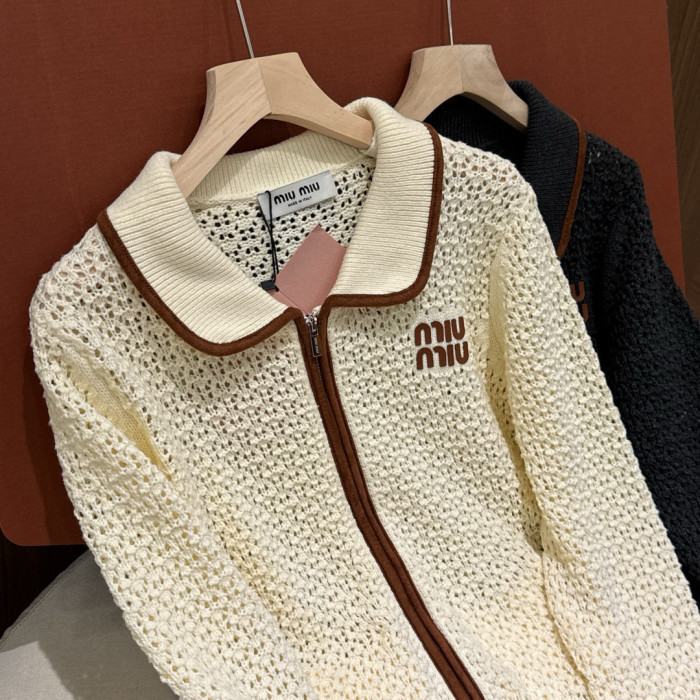 NIGO MiuMiu Women's Fall/Winter Fashionable Casual Collared Zipper Contrast-Trim Cardigan #nigo79462