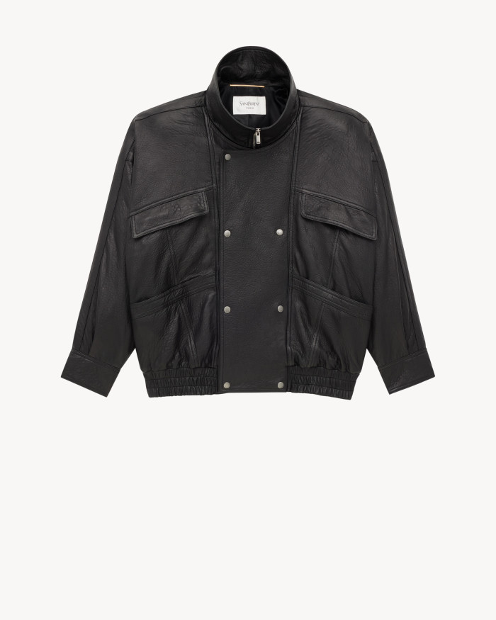 NIGO Saint Laurent Women's Bubbled Lambskin Bomber Jacket Spring/Fall Stand Collar Zipper Pilot Jacket Solid Color Motorcycle Leather Jacket Ngvp #nigo2714