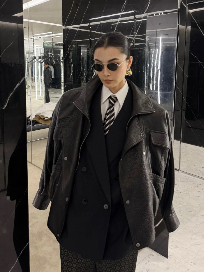 NIGO Saint Laurent Women's Bubbled Lambskin Bomber Jacket Spring/Fall Stand Collar Zipper Pilot Jacket Solid Color Motorcycle Leather Jacket Ngvp #nigo2714