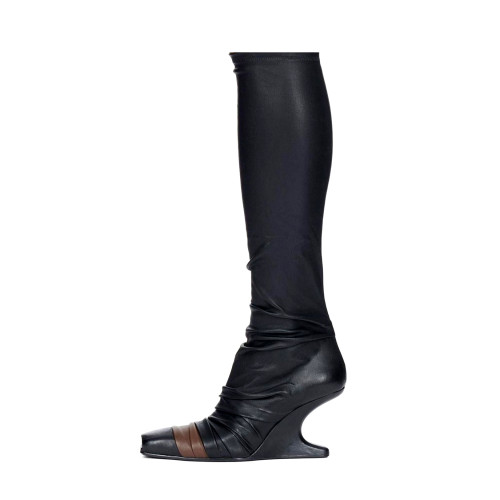 NIGO Rick Owens Women's Fall/Winter Fashion Classic Leather Booties Cowhide and Sheepskin Blend in Brown Lambskin Fishmouth Square Toe Design Fur Trimmed Panels Long Boots Shoes #nigo79497