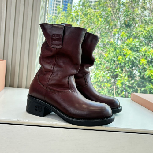 NIGO MiuMiu Women's Fall/Winter Fashion Classic Solid Color Leather Round Toe Slip On Chunky Heel High Top Biker Style Boots Shoes #nigo79484