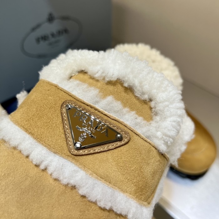 NIGO Prada Women's Fall/Winter Fashion Casual Round Toe Open Back Classic Logo Triangle Label Shearling Slippers Shoes #nigo79521