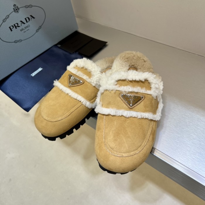 NIGO Prada Women's Fall/Winter Fashion Casual Round Toe Open Back Classic Logo Triangle Label Shearling Slippers Shoes #nigo79521