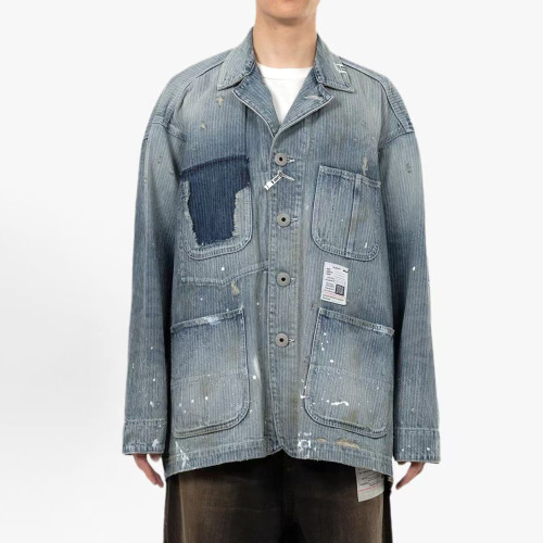 NIGO Maison Mihara Yasuhiro Men's Spring/Summer Fashion Casual Lapel Single Breasted Washed Distressed Cotton Jacquard Denim Jacket #nigo79499