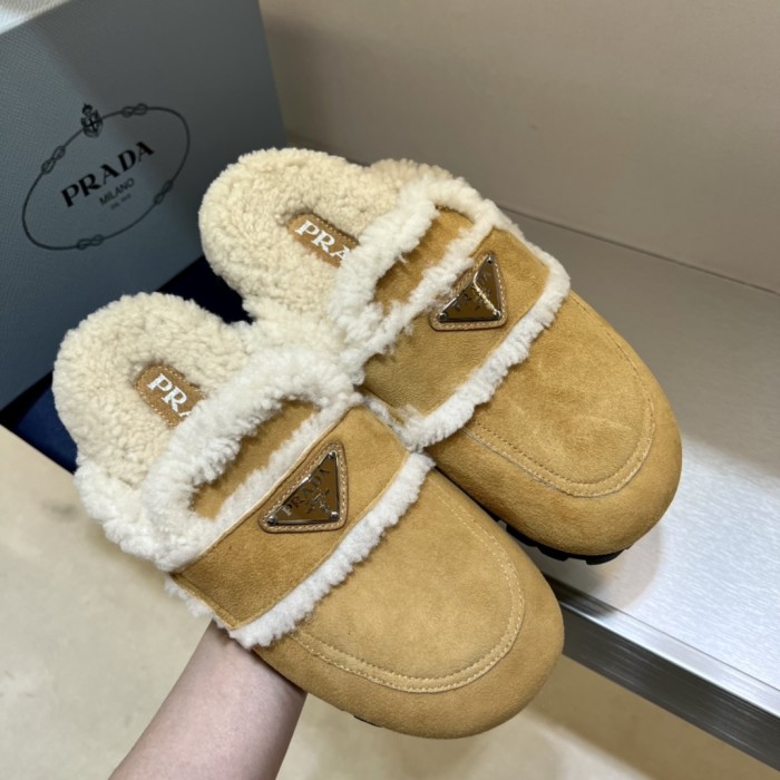 NIGO Prada Women's Fall/Winter Fashion Casual Round Toe Open Back Classic Logo Triangle Label Shearling Slippers Shoes #nigo79521
