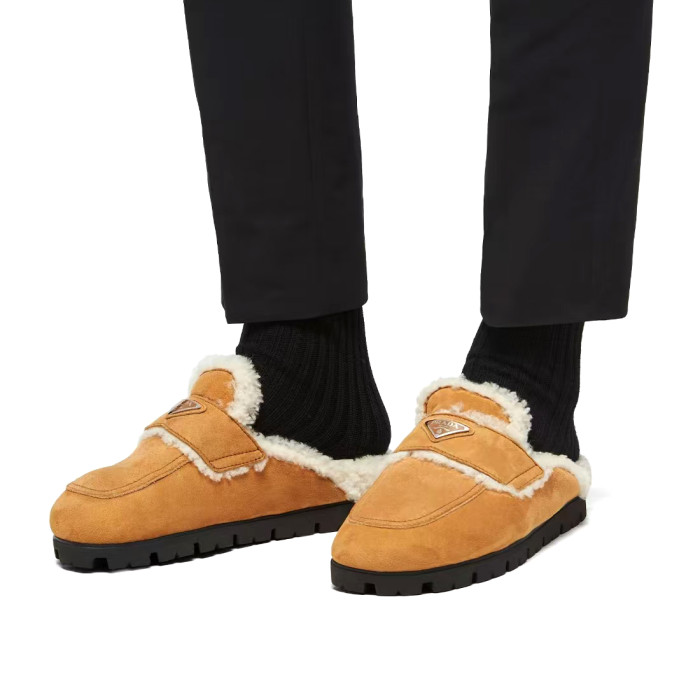 NIGO Prada Women's Fall/Winter Fashion Casual Round Toe Open Back Classic Logo Triangle Label Shearling Slippers Shoes #nigo79521