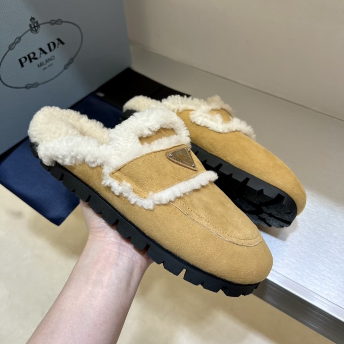 NIGO Prada Women's Fall/Winter Fashion Casual Round Toe Open Back Classic Logo Triangle Label Shearling Slippers Shoes #nigo79521
