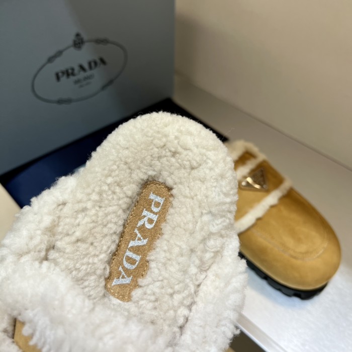 NIGO Prada Women's Fall/Winter Fashion Casual Round Toe Open Back Classic Logo Triangle Label Shearling Slippers Shoes #nigo79521