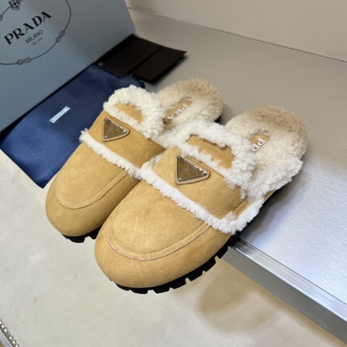 NIGO Prada Women's Fall/Winter Fashion Casual Round Toe Open Back Classic Logo Triangle Label Shearling Slippers Shoes #nigo79521