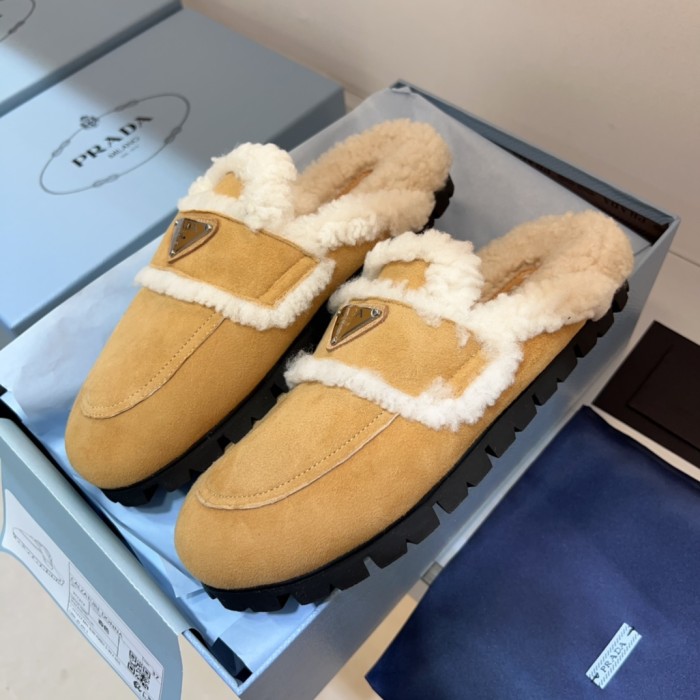 NIGO Prada Women's Fall/Winter Fashion Casual Round Toe Open Back Classic Logo Triangle Label Shearling Slippers Shoes #nigo79521