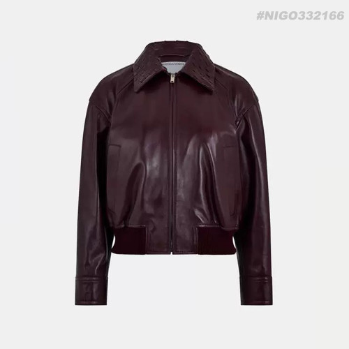 NIGO BOTTEGA VENETA Women's Off-Shoulder Woven Collar Zippered Long-sleeved Leather Jacket #nigo332166