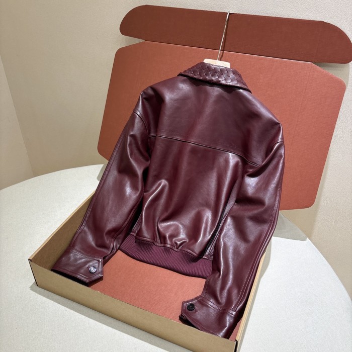 NIGO BOTTEGA VENETA Women's Off-Shoulder Woven Collar Zippered Long-sleeved Leather Jacket #nigo332166