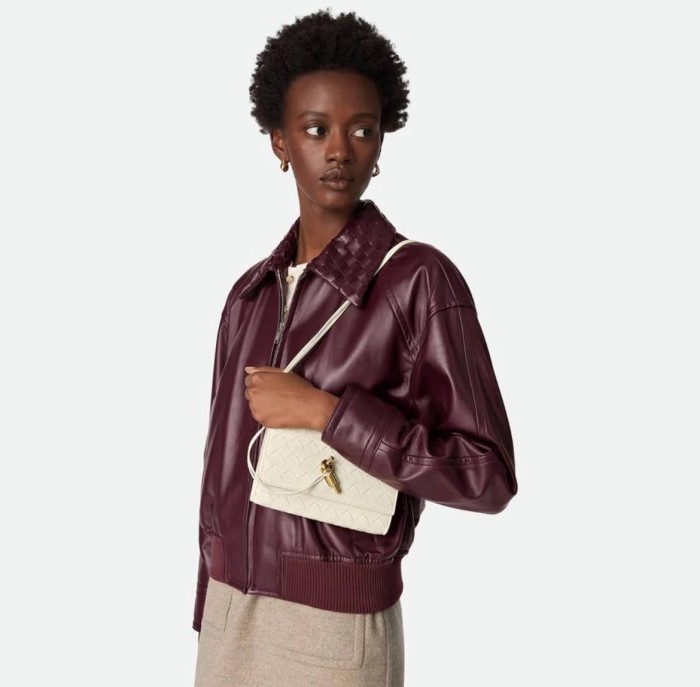 NIGO BOTTEGA VENETA Women's Off-Shoulder Woven Collar Zippered Long-sleeved Leather Jacket #nigo332166