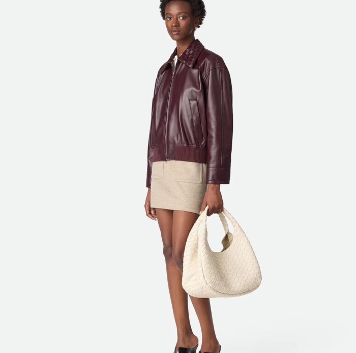 NIGO BOTTEGA VENETA Women's Off-Shoulder Woven Collar Zippered Long-sleeved Leather Jacket #nigo332166
