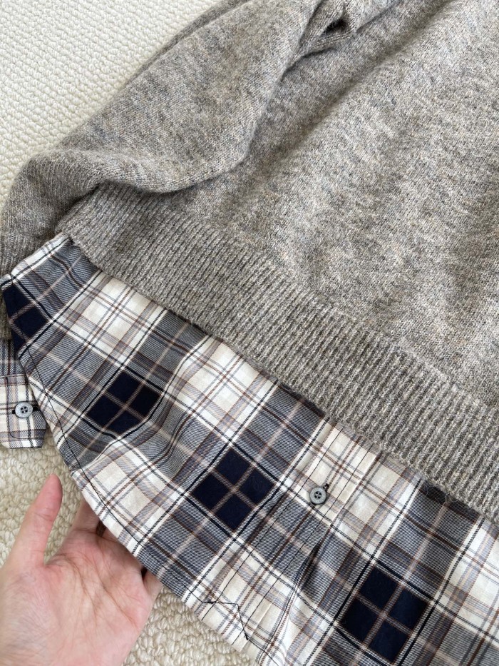 NIGO Acne Studios FW25 Women's Layered Wool Hoodie Beige Plaid Patchwork Sweater #nigo332244