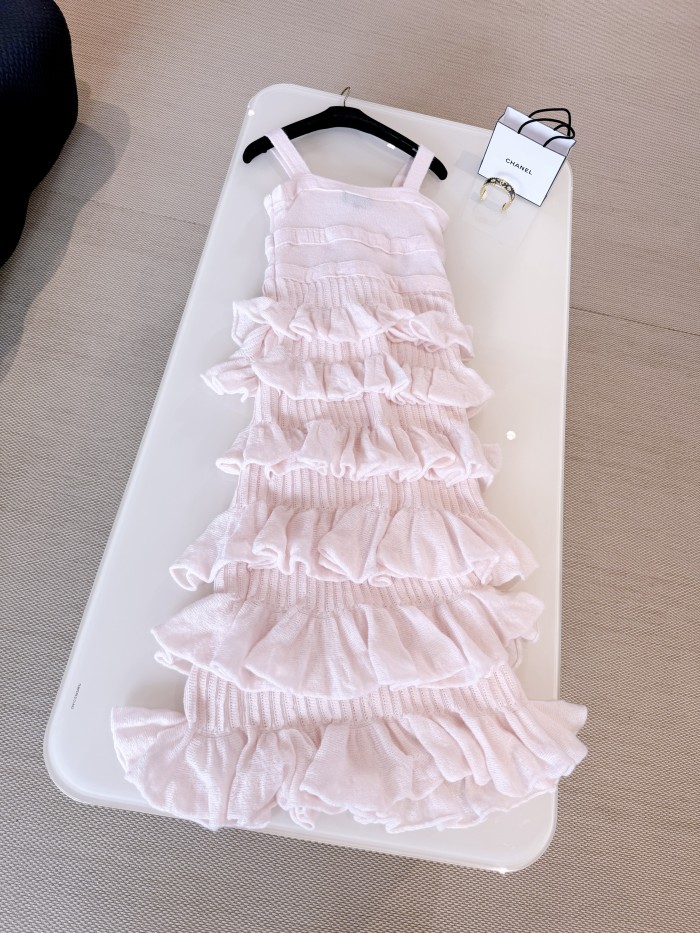 NIGO Chanel 25K Solid Color Pleated Knitted Design Suspender Long Dress Mohair And Silk Light Pink #nigo332234