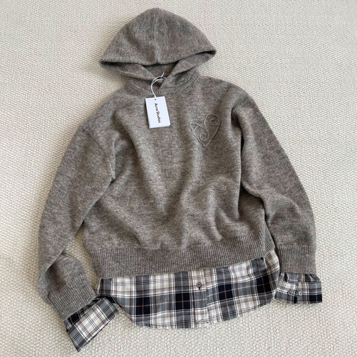 NIGO Acne Studios FW25 Women's Layered Wool Hoodie Beige Plaid Patchwork Sweater #nigo332244