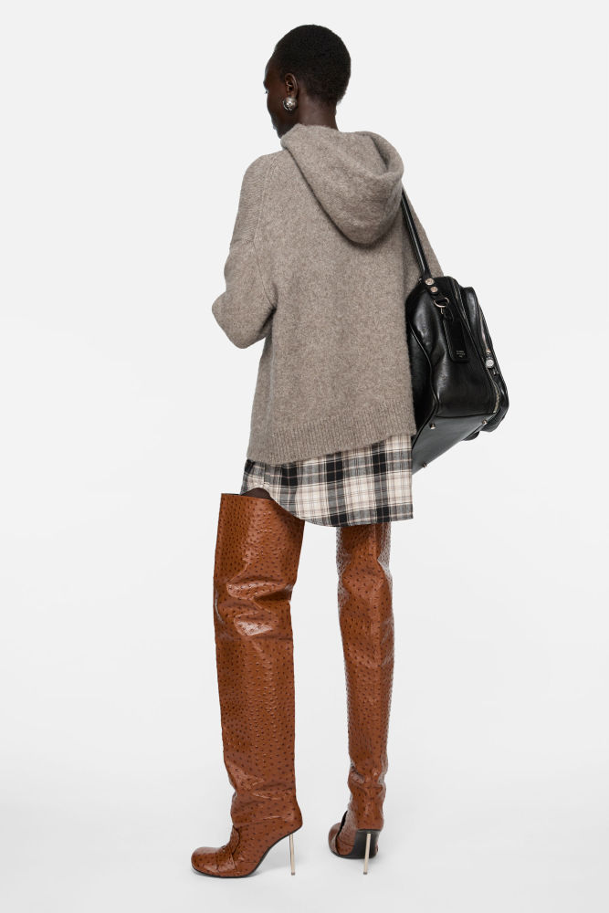 NIGO Acne Studios FW25 Women's Layered Wool Hoodie Beige Plaid Patchwork Sweater #nigo332244
