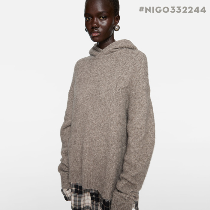 NIGO Acne Studios FW25 Women's Layered Wool Hoodie Beige Plaid Patchwork Sweater #nigo332244